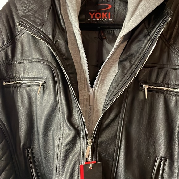 NWT quilted lined faux leather bomber jacket with sewn in grey hoodie detail - Picture 2 of 10